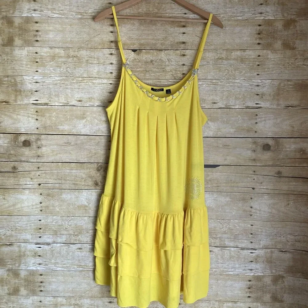 Coogi Bright Yellow Sundress With Ruffle & Chain Accent - Size 1X - Rhinestones
